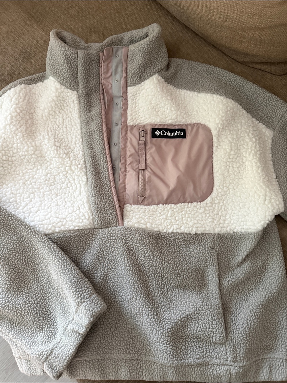 Columbia Kids Sherpa Pullover Jacket - Gray, Cream & Pink Chest Pocket